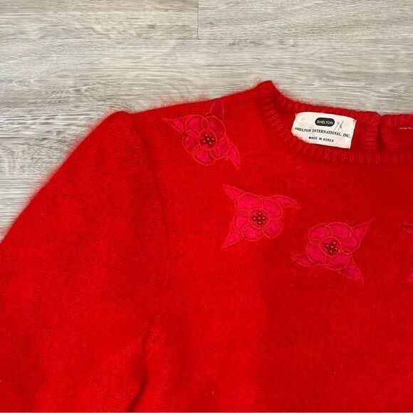Vintage 90s angora sweater red rabbit hair beaded detail boat neck sweater 80s - Picture 3 of 7